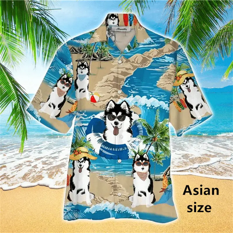 Funny Siberian Husky Dog Graphic Print Shirt For Men Women New Fashion Casual Short Sleeve Top Button Hawaiian Shirt Men Clothes