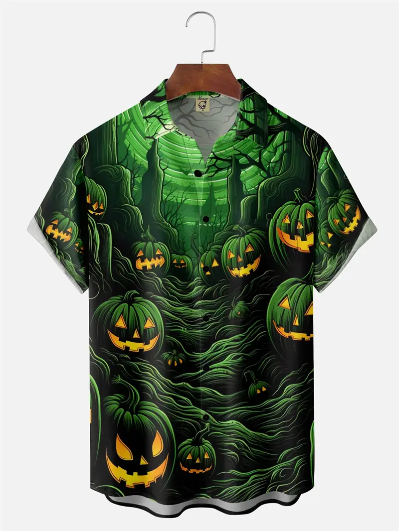Halloween Pumpkin Pattern Men Shirts 3D Printed Short Sleeve Lapel Shirt Casual Button Shirt Top Unisex Party Featival Clothing