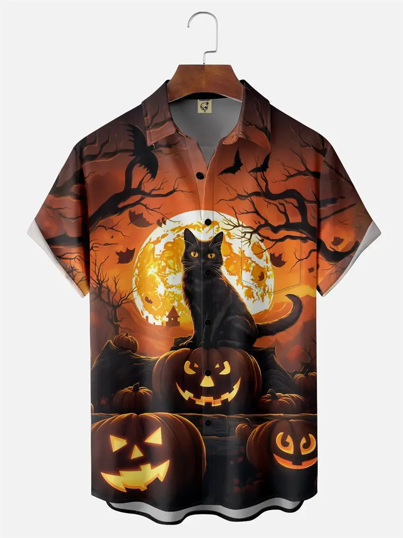 Halloween Pumpkin Pattern Men Shirts 3D Printed Short Sleeve Lapel Shirt Casual Button Shirt Top Unisex Party Featival Clothing