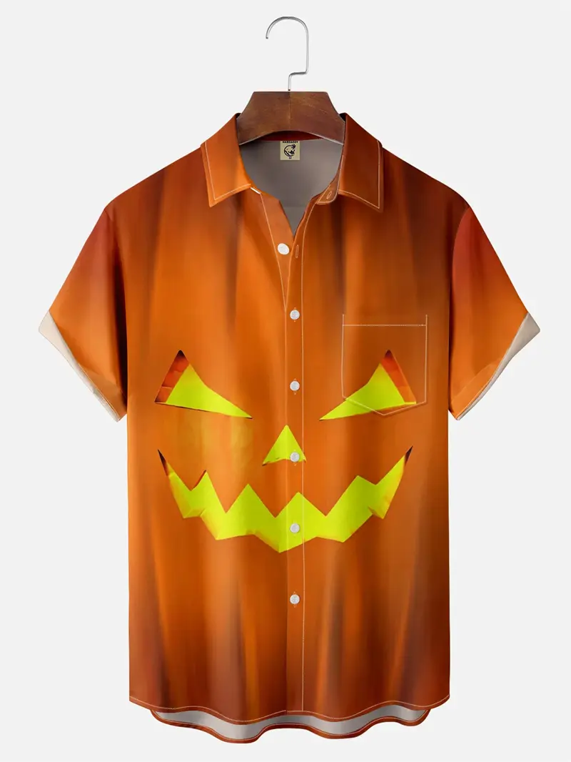 Halloween Pumpkin Pattern Men Shirts 3D Printed Short Sleeve Lapel Shirt Casual Button Shirt Top Unisex Party Featival Clothing