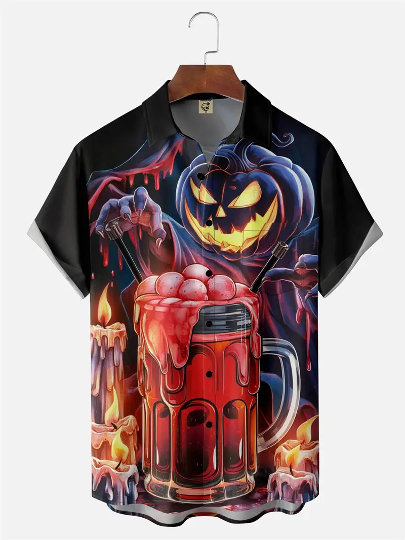 Halloween Pumpkin Pattern Men Shirts 3D Printed Short Sleeve Lapel Shirt Casual Button Shirt Top Unisex Party Featival Clothing