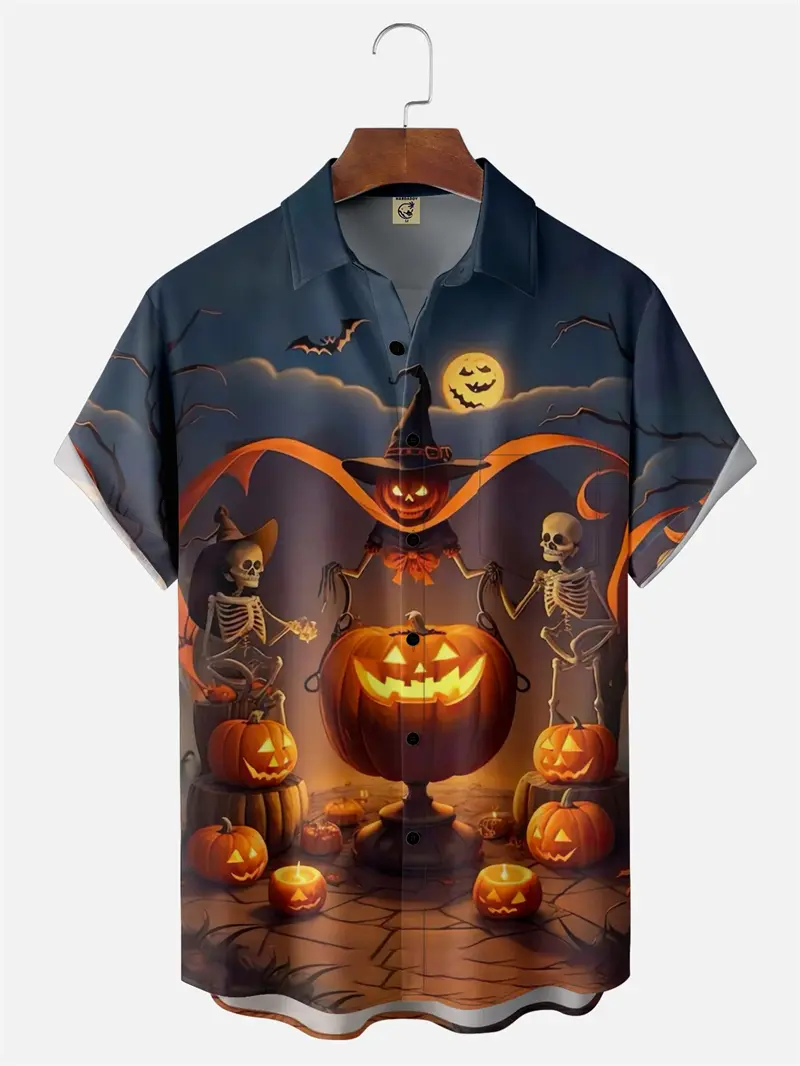 Halloween Pumpkin Pattern Men Shirts 3D Printed Short Sleeve Lapel Shirt Casual Button Shirt Top Unisex Party Featival Clothing