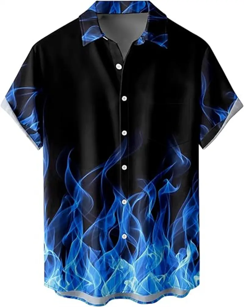 Mens 3d Print Fire Graphic Shirts Fashion Hawaiian Lapel Button Shirts For Men Women Short Sleeve Summer Holiday Casual Tops