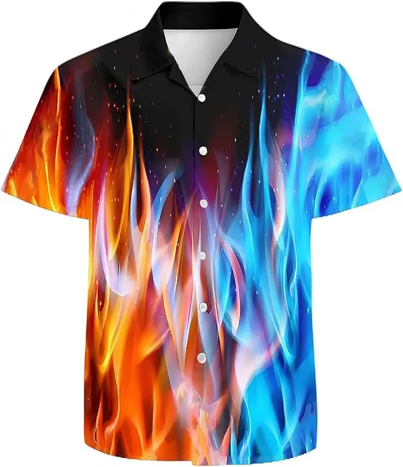 Mens 3d Print Fire Graphic Shirts Fashion Hawaiian Lapel Button Shirts For Men Women Short Sleeve Summer Holiday Casual Tops