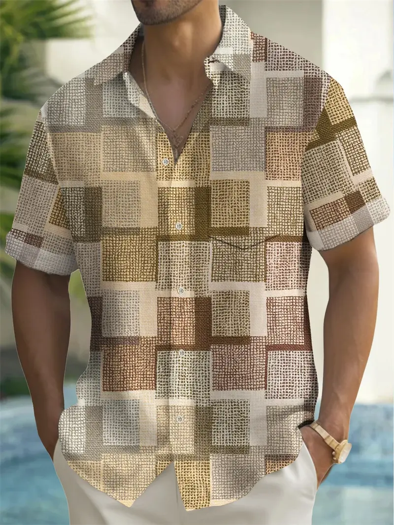 Men's Geometric Color Block Patchwork Shirt Button Shirt Short-sleeved Fashion Casual Summer Lapel 3D Printing Unisex Shirts