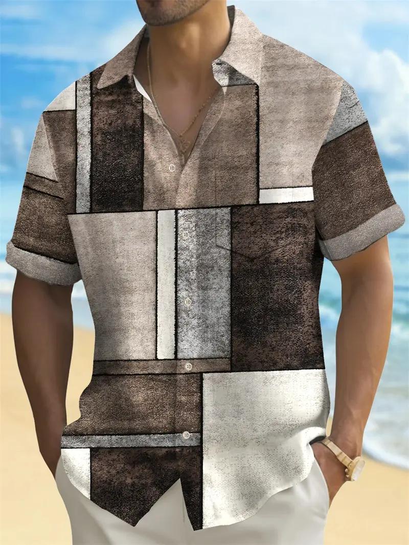 Men's Geometric Color Block Patchwork Shirt Button Shirt Short-sleeved Fashion Casual Summer Lapel 3D Printing Unisex Shirts