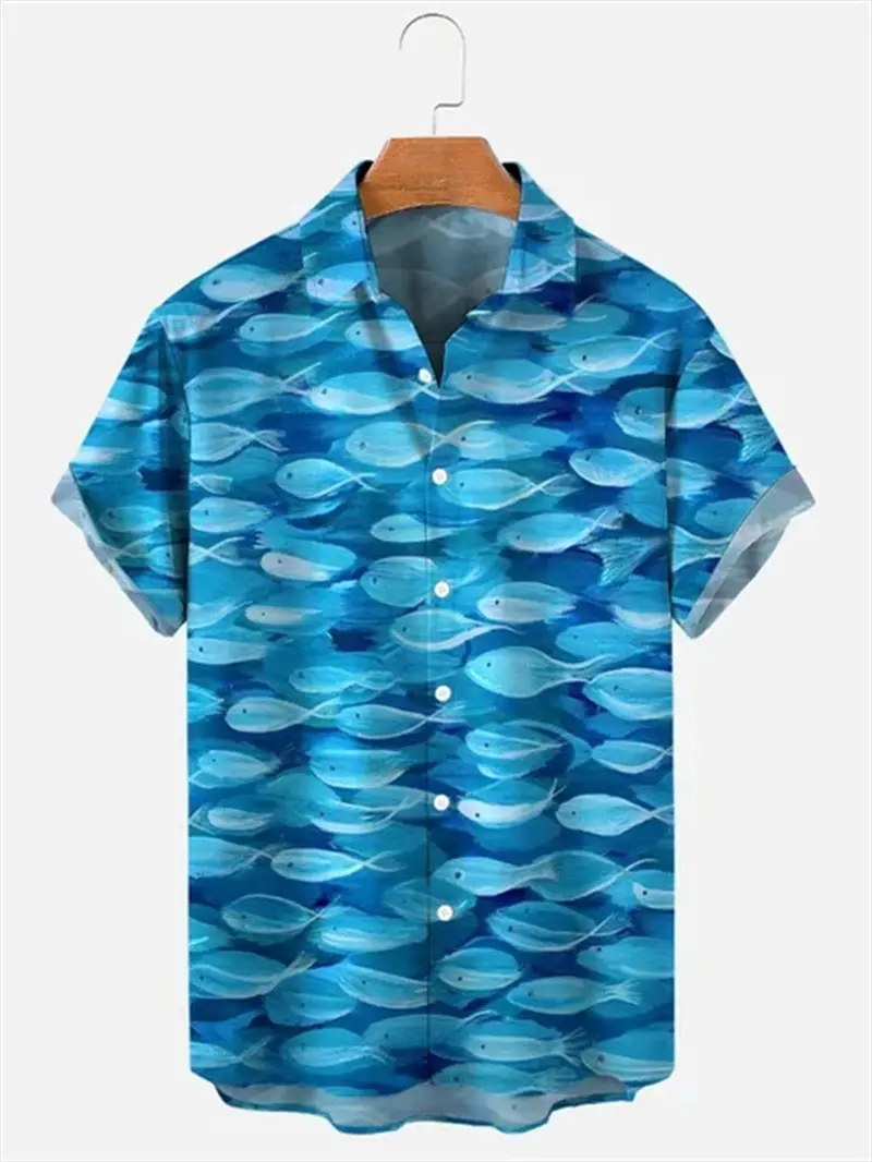 Funny Summer Turtle Fish 3D Print Men's Oversize Shirts Fashion Hawaiian Beach Short Sleeve Shirt Unisex Button Lapel Tee Tops
