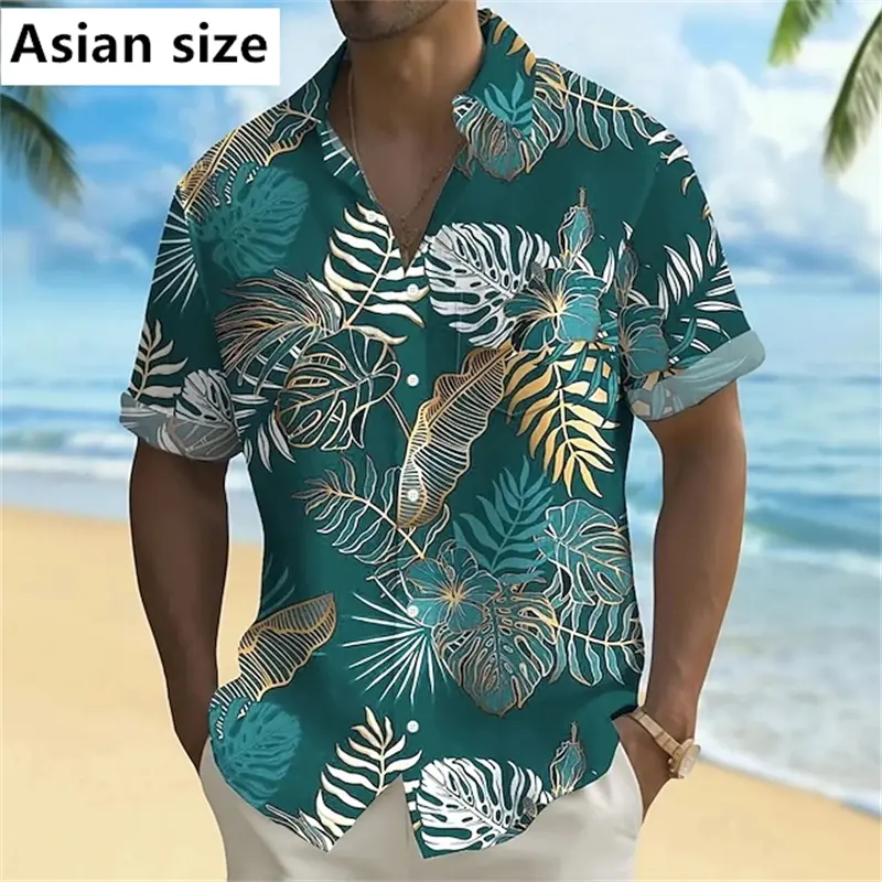 3D Printed Plant Golden Leaves Graphic Men's Hawaiian Shirt Outdoor Street Casual Summer Turndown Short Sleeve Polyester Shirt