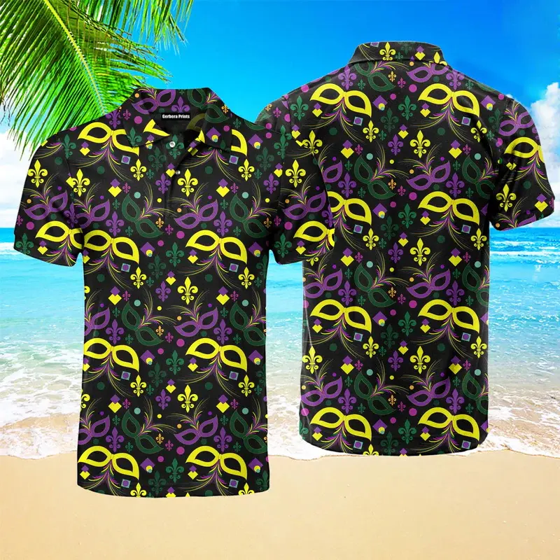 Mardi Gras Men Polo Shirt 3d Print Carnival Mask Pattern Short Sleeve Golf Shirts Unisex Casual Festival POLO Shirt Women Tops