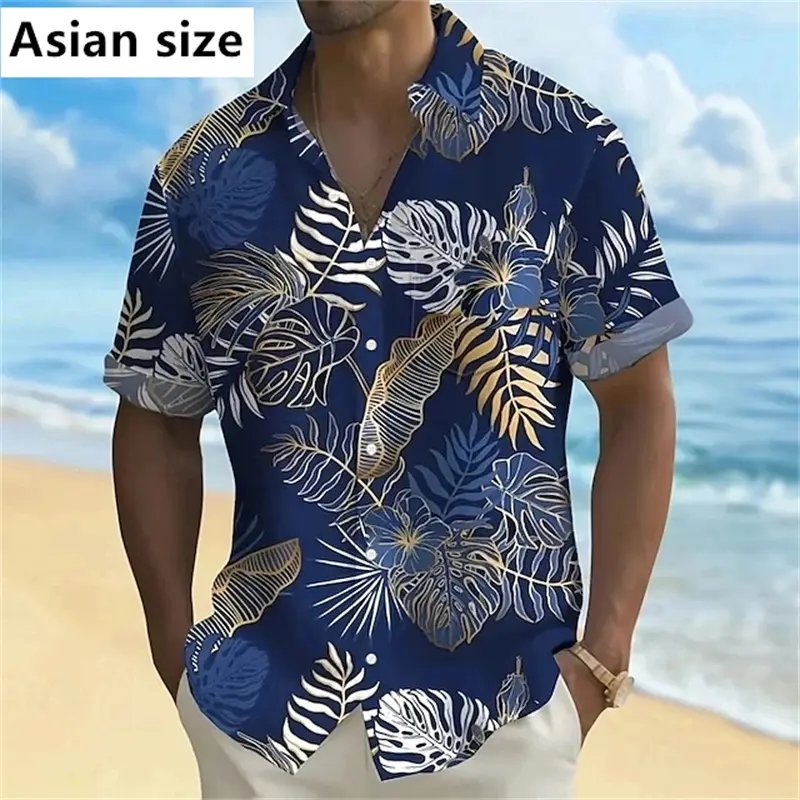 3D Printed Plant Golden Leaves Graphic Men's Hawaiian Shirt Outdoor Street Casual Summer Turndown Short Sleeve Polyester Shirt