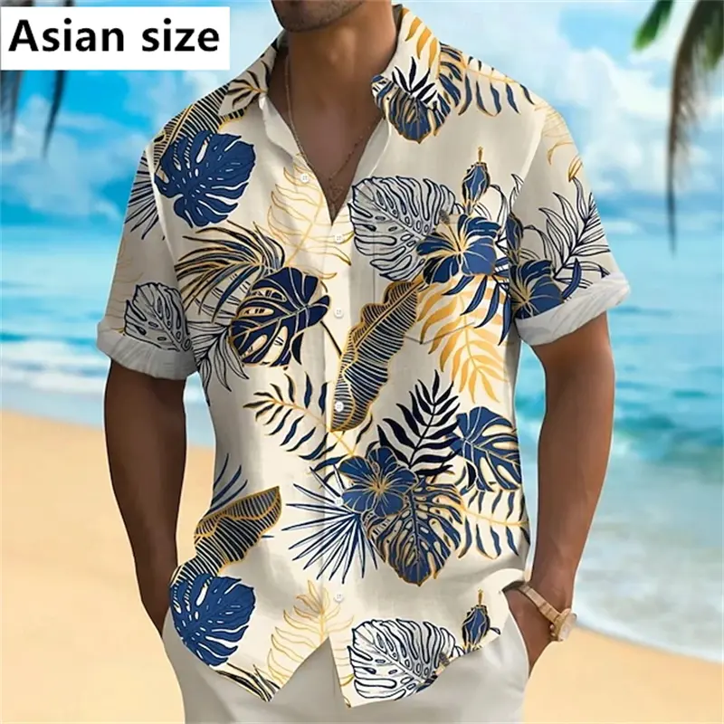 3D Printed Plant Golden Leaves Graphic Men's Hawaiian Shirt Outdoor Street Casual Summer Turndown Short Sleeve Polyester Shirt