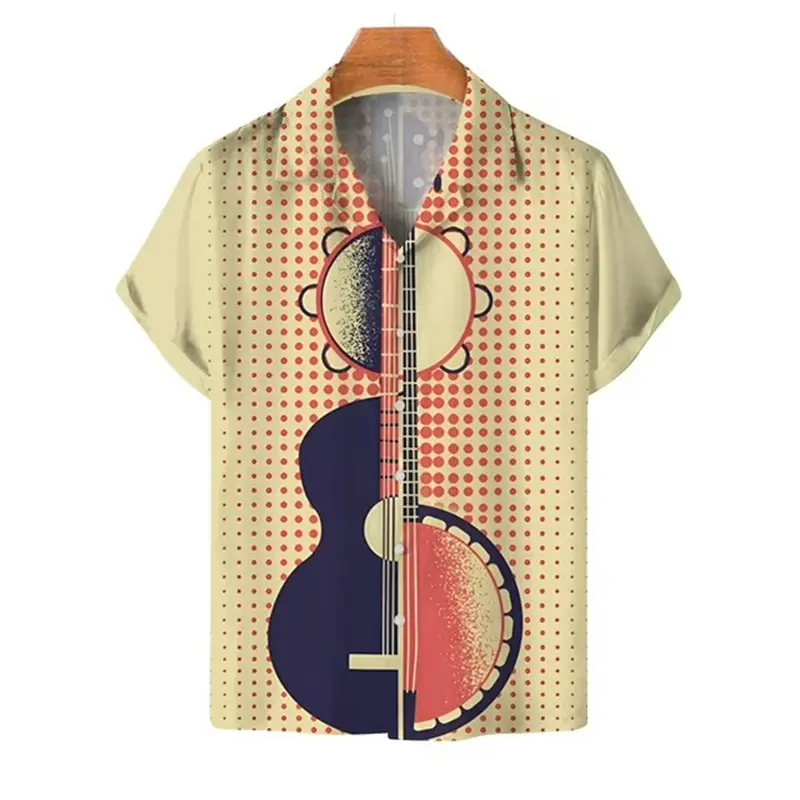 Men Shirt Music Guitar Print Rock Hip Hop Tops Male Female Clothing Short Sleeve Lapel Beach Casual Loose Hawaiian Daily Wear