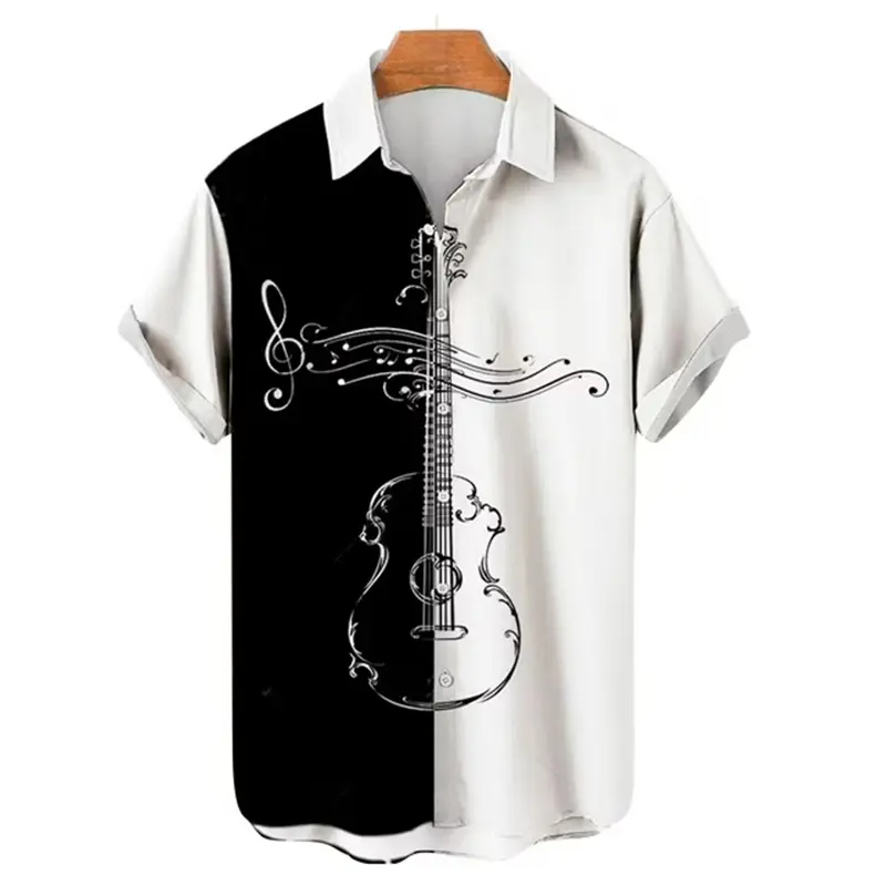Men Shirt Music Guitar Print Rock Hip Hop Tops Male Female Clothing Short Sleeve Lapel Beach Casual Loose Hawaiian Daily Wear