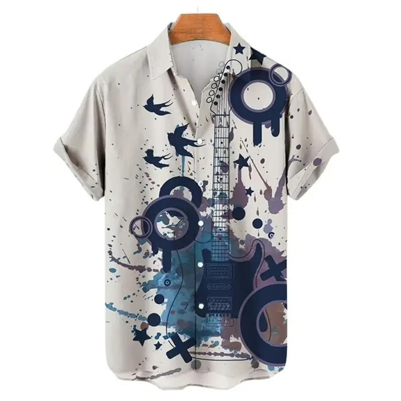 Men Shirt Music Guitar Print Rock Hip Hop Tops Male Female Clothing Short Sleeve Lapel Beach Casual Loose Hawaiian Daily Wear