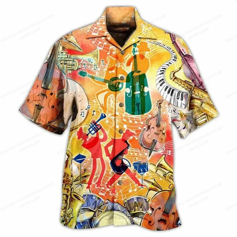 Piano 3D Graphic Shirts Men Women Short Sleeve Button Beach Shirt Guitar Pattern Streetwear High Quality Hawaiian Blouse Clothes