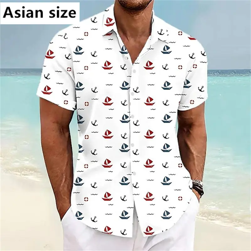 3D Print Boat Anchor Pattern Short Sleeve Shirts For Men Clothing Summer New Mens Beach Shirts Hawaiian Vacation Button Blouse