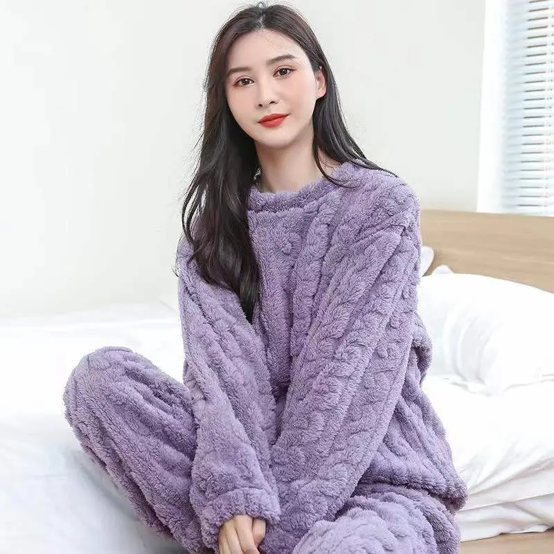 Autumn Winter Warm Flannel Fleecing Women Pyjamas Sets Thick Coral Velvet Long Sleeve Cartoon Sleepwear Thin Flannel Pajamas Set