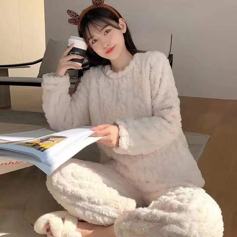 Autumn Winter Warm Flannel Fleecing Women Pyjamas Sets Thick Coral Velvet Long Sleeve Cartoon Sleepwear Thin Flannel Pajamas Set