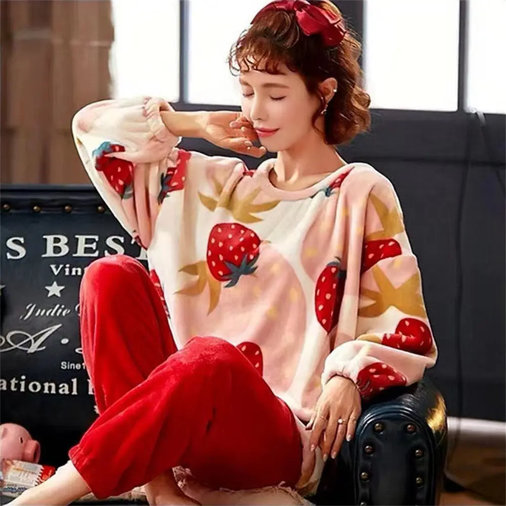Autumn And Winter Pajamas Cartoon Pajamas Set Women'S Pajamas Flannel Pajamas Thickened Loose Large Size Suit Home Clothes