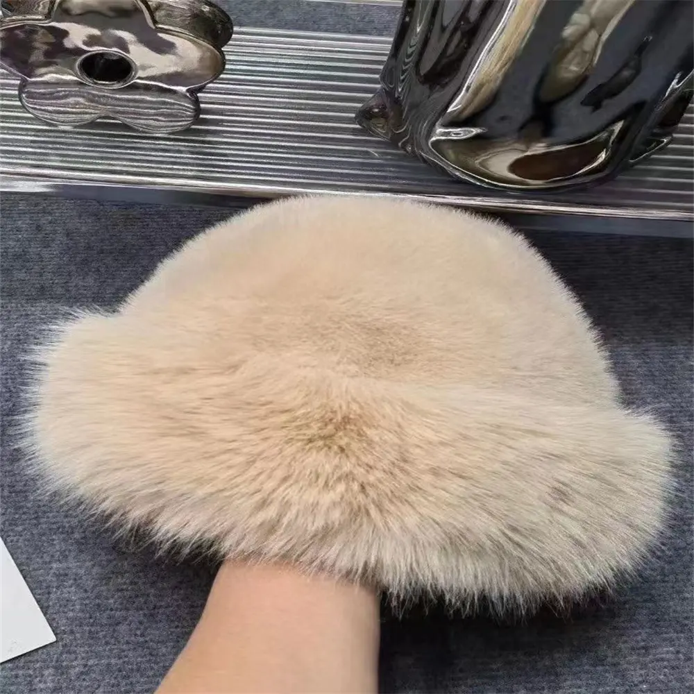 New Brand Hat Women'S Winter Thickened Soft Warm Imitation Fur Fluffy Bucket Hat Fisherman Hat Soft Panama Hat
