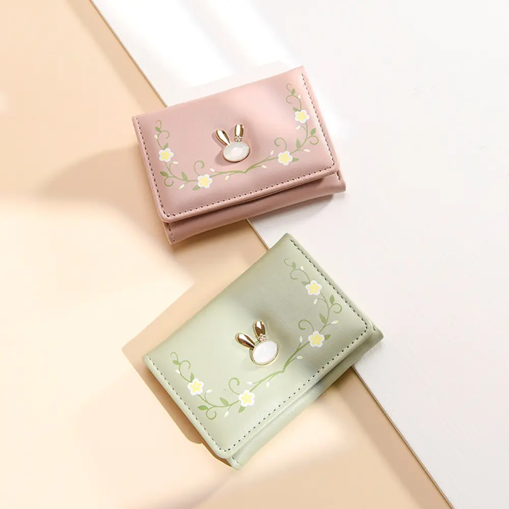 New Brand Cute Flowers Bunny Wallet Lady Folding Multi-card Slot Card Bag Cartoon Rabbit Three Fold Coin PurseStudent Money Clip