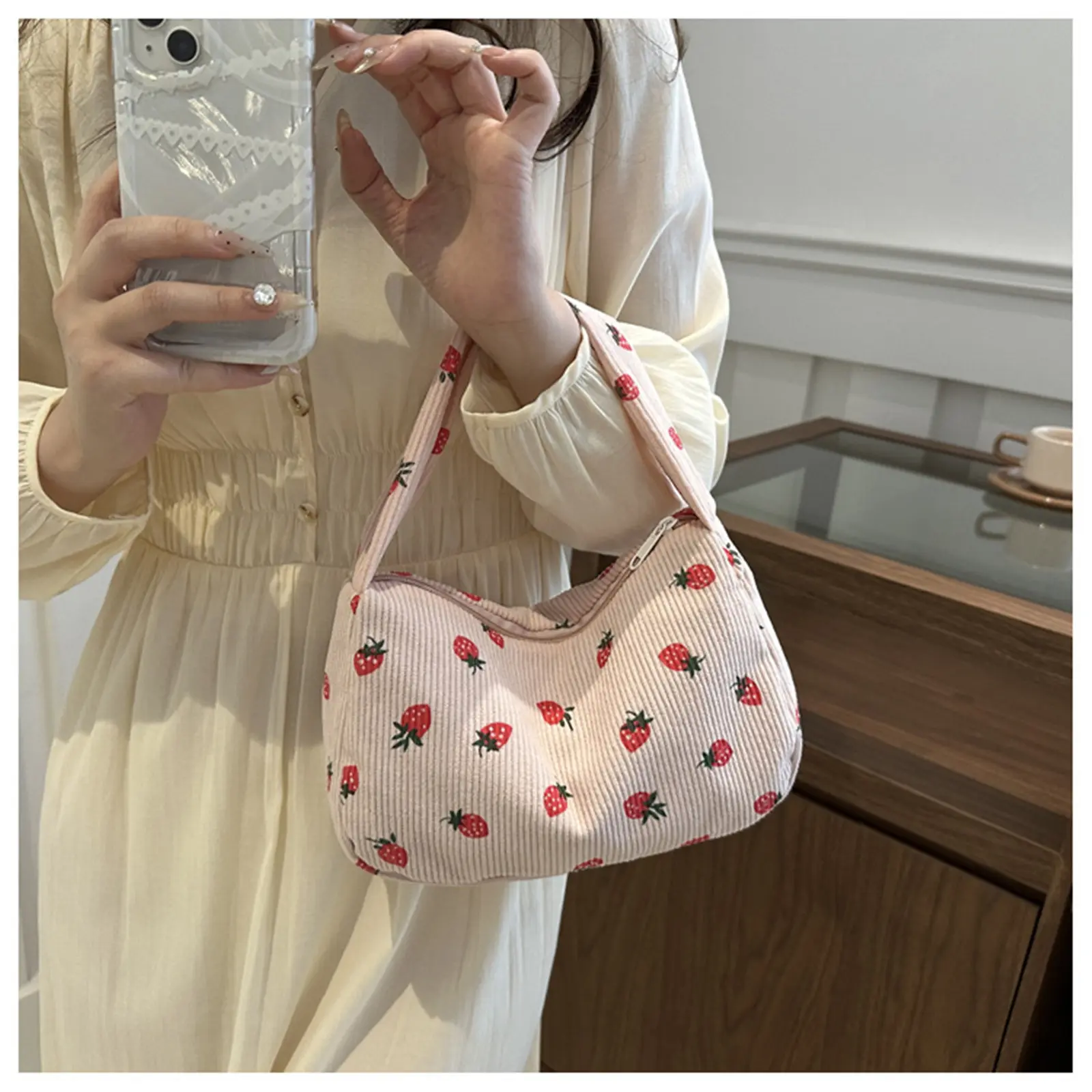 Women Small Corduroy Handbag Cute Strawberry Print Small Bag Underarm Bag Half Moon Design Eco Cloth Purse Mini Shoulder Bags
