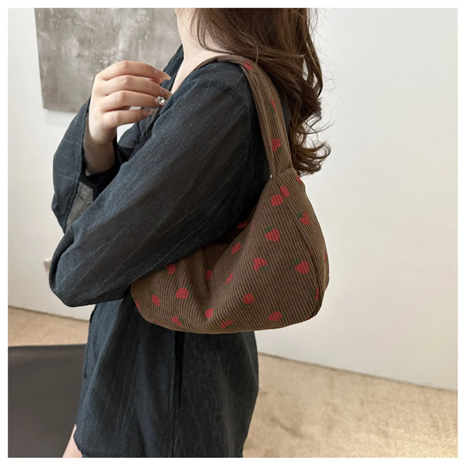 Women Small Corduroy Handbag Cute Strawberry Print Small Bag Underarm Bag Half Moon Design Eco Cloth Purse Mini Shoulder Bags