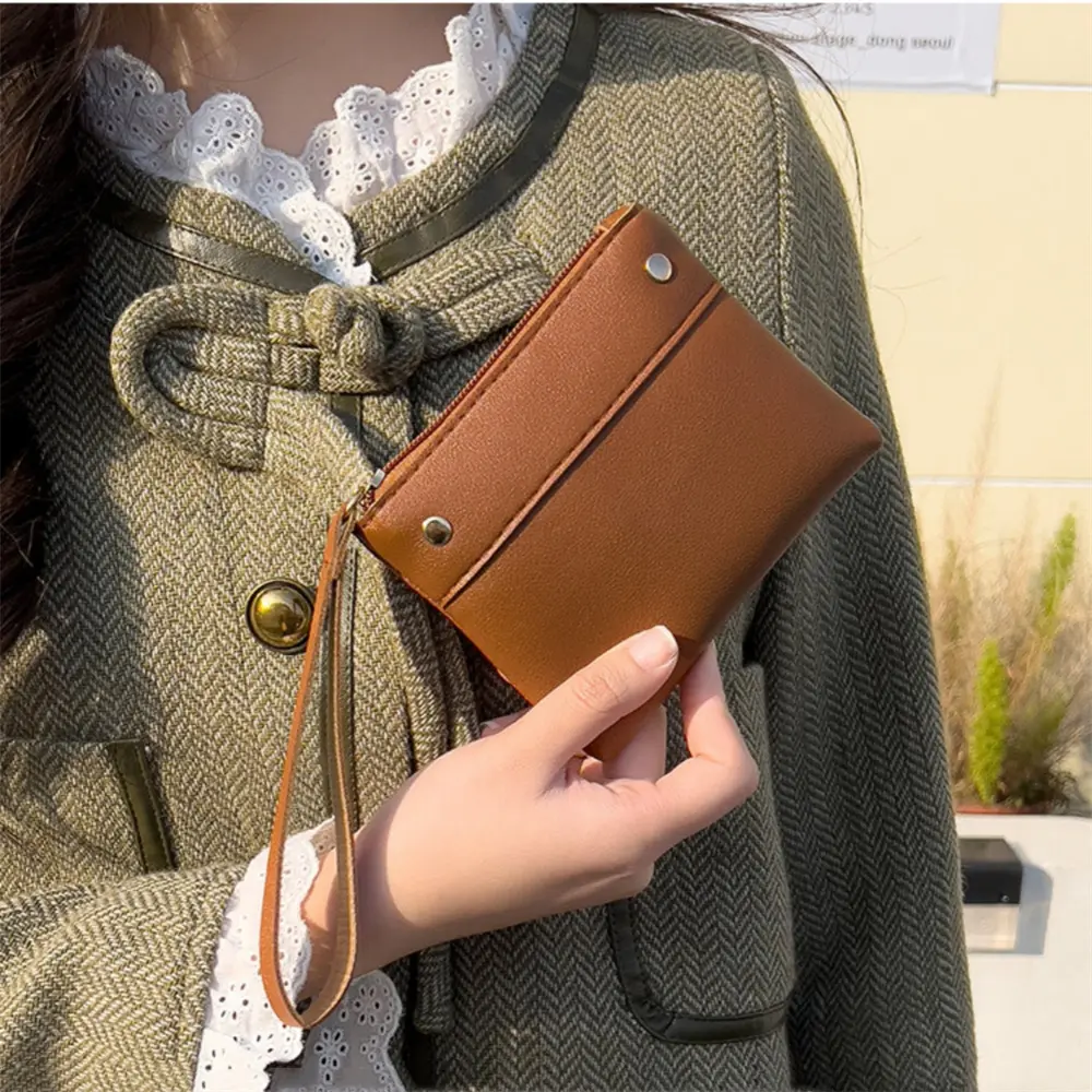 Women Short PU Leather Wallet Small Solid Color Coin Purses New Mini Key Pouch Fashion Credit Card Pouch with Wrist Strap