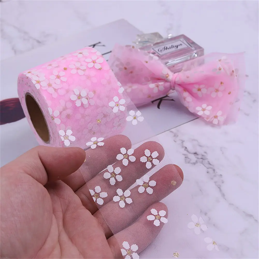 Plum Bossom Ribbon Roll Flower Printing Mesh Fabric DIY Handmade Craft Hair Ornament Gift Wrapping Sewing Clothes 6cm 25Yards