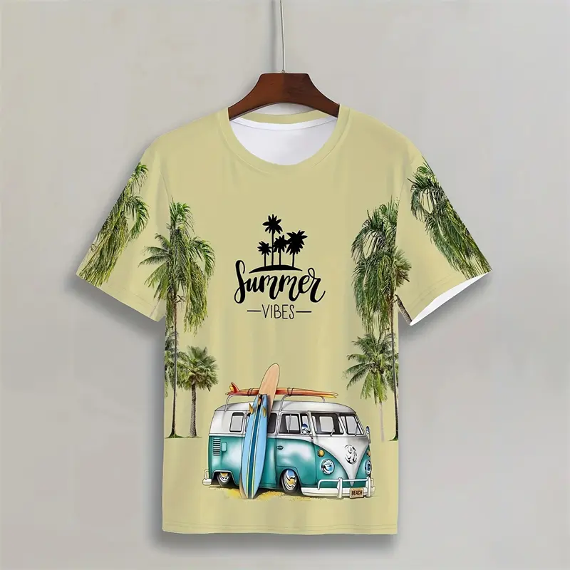 Summer Casual Cartoon Graphic T-shirt Unisex Hawaii Fun 3D Print Loose Breathable Short Sleeve T Shirts Palm Tree Funny Tees