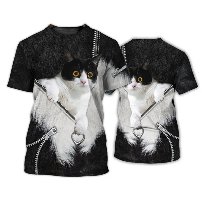 Black And White Animal T-shirt For Men's Clothing Funny Cat Tiger Print Short Sleeve T Shirts Leisure Fashion Cute Animal Tee