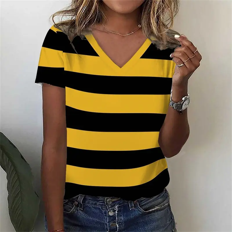 Simple Yellow Stripe Women T-shirt V-neck Design Casual Daily 3D Print Stripes Polyester Breathable Short Sleeve T Shirts 2025