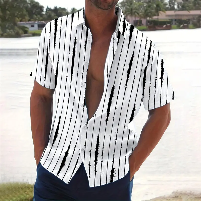 Harajuku Retro Stripe Men's Shirt Blue Gradient Print Simple Casual Stripes Design Hawaii Shirt Summer Beach Vacation Loose Top