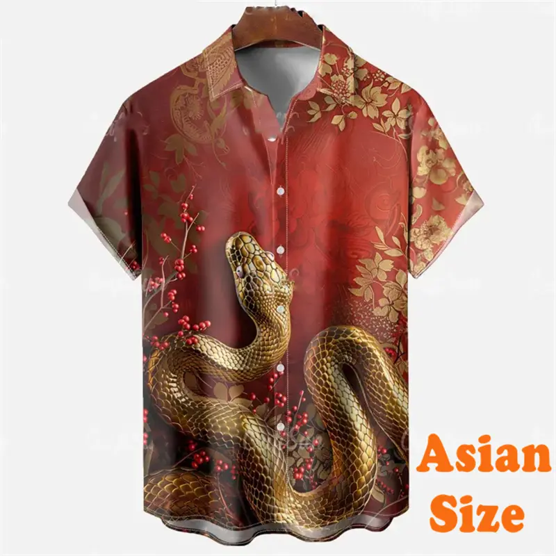 Snake Year Theme Print Shirt For Men Lucky Red Graphic Button Short Sleeve Shirts Personality Fashion 2025 New Men's Blouse Top