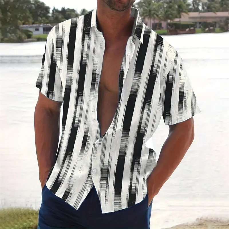 Harajuku Retro Stripe Men's Shirt Blue Gradient Print Simple Casual Stripes Design Hawaii Shirt Summer Beach Vacation Loose Top
