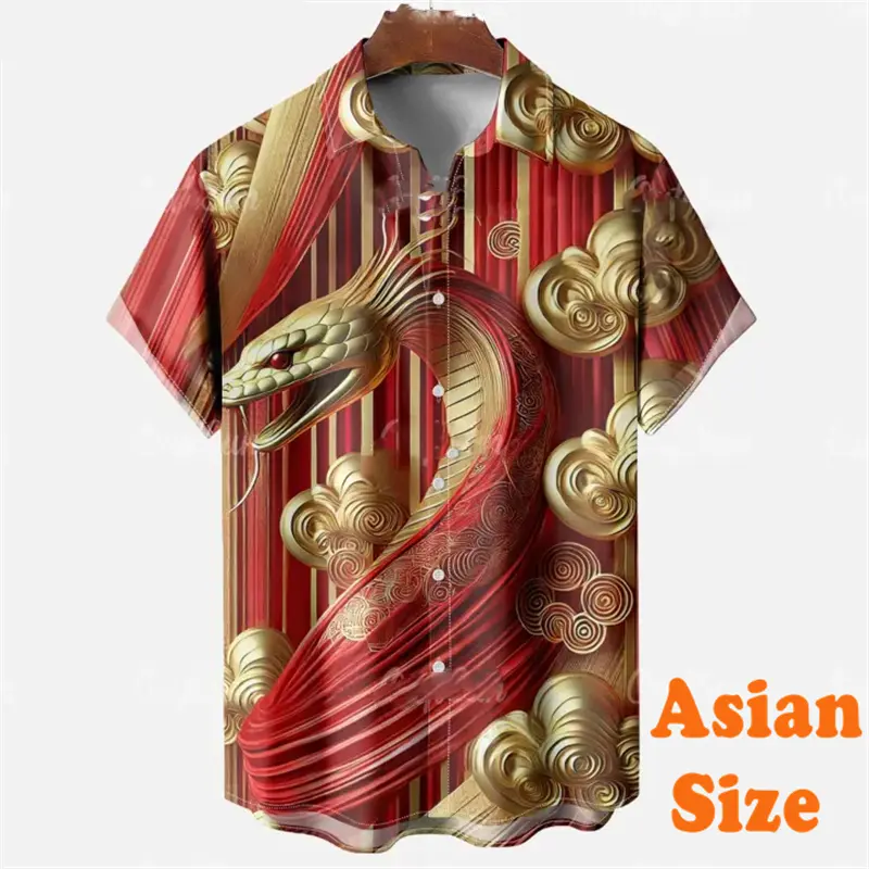 Snake Year Theme Print Shirt For Men Lucky Red Graphic Button Short Sleeve Shirts Personality Fashion 2025 New Men's Blouse Top