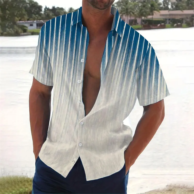 Harajuku Retro Stripe Men's Shirt Blue Gradient Print Simple Casual Stripes Design Hawaii Shirt Summer Beach Vacation Loose Top