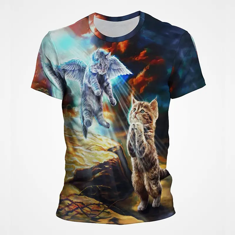 3D Printed Cat Animal Men's T Shirt Colorful Funny Painting Hip Hop Street O Neck Summer Casual Fashion Street Harajuku Tee Top