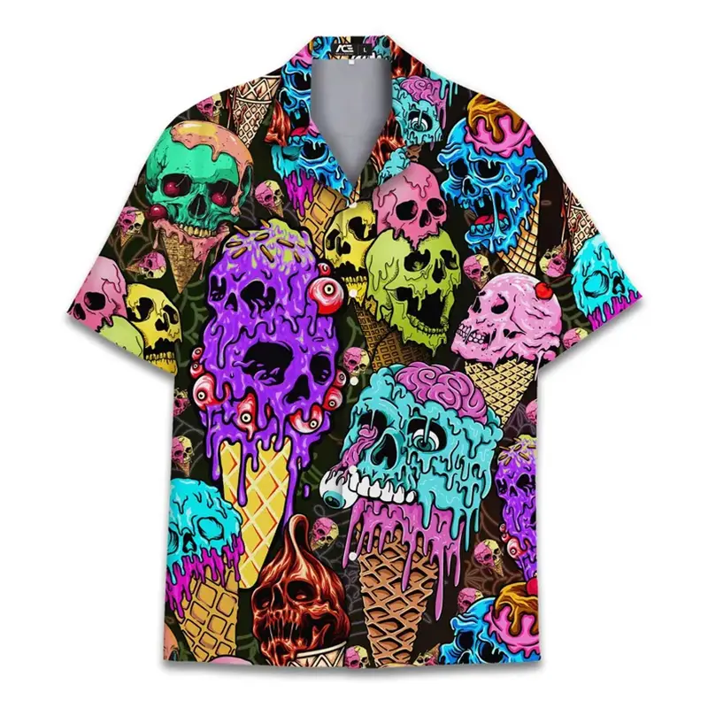 Simple Leaf Graphic Print Shirt Men's Clothes Summer Carnival Personality Skull Ice Cream Short Sleeve Shirts Harajuku Top Y2k