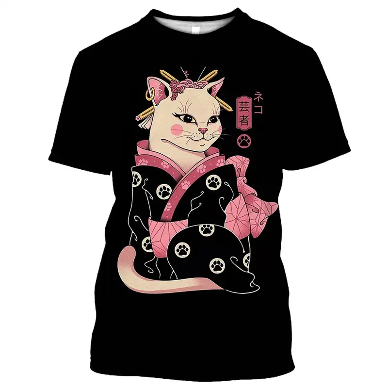 Japanese Cool Cat T-shirt Men Harajuku Street Fashion Trend T Shirts 3D Print Personality Cool Hip Hop Pattern New Tee Top