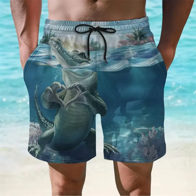 Summer Beach Leisure Quick Dry Beach Shorts For Men Fun Cucumber Alligator Print Drawstring Graphic Board Shorts Humour Trend