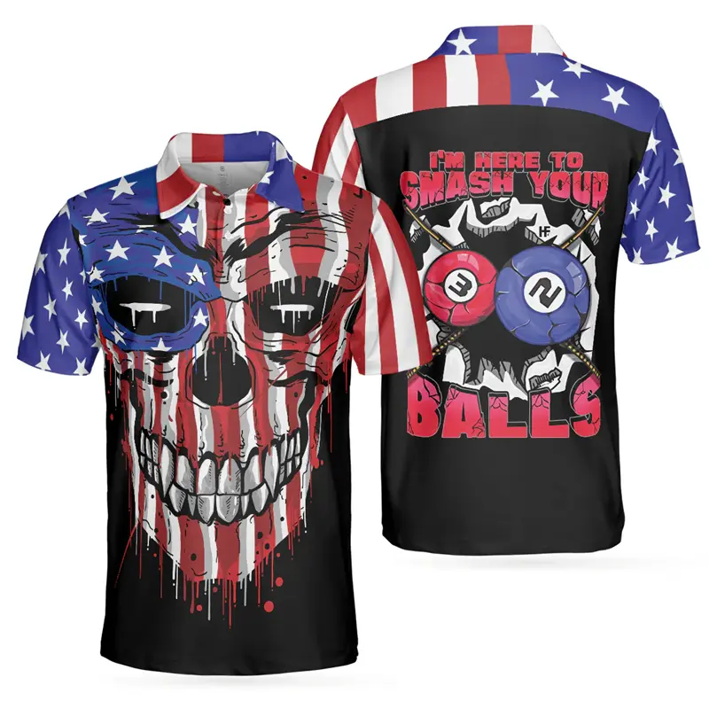 American Pool Sport Polo Shirt Men's Clothing Unique Skeleton Printed Button Shirts Daily Casual Billiards Cool Pattern Tee Top