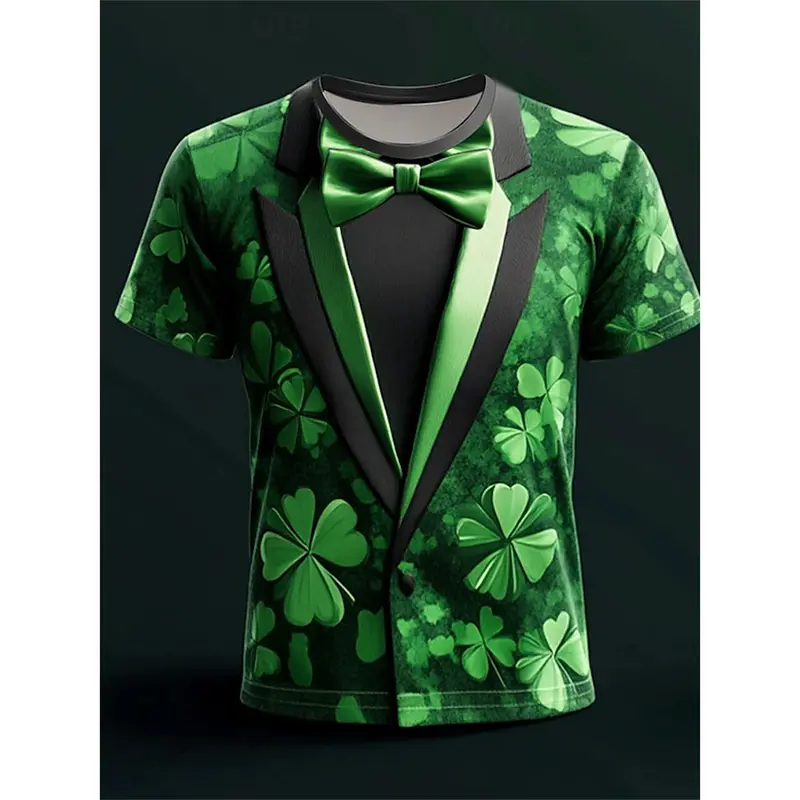St Patrick Day Funny T-shirt Men's Role Playing Fake Lapel Print Short Sleeve T Shirts 2025 Festival Gift Lucky Green Tee Top