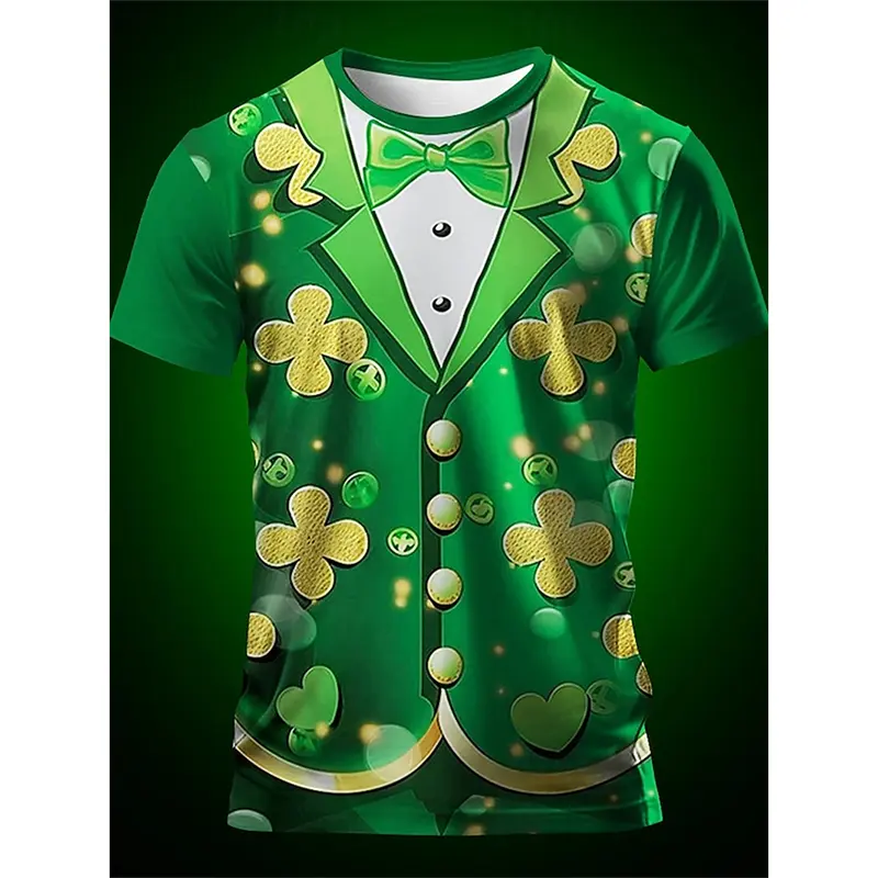 St Patrick Day Funny T-shirt Men's Role Playing Fake Lapel Print Short Sleeve T Shirts 2025 Festival Gift Lucky Green Tee Top