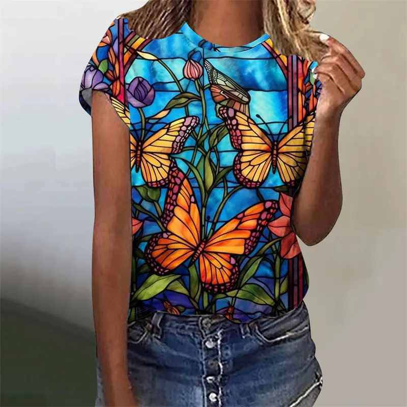 Colorful Butterfly Animal Print T Shirt Women Harajuku Bird Flower Graphic Short Sleeve T Shirts Fashion Graphic O-neck Tee Top