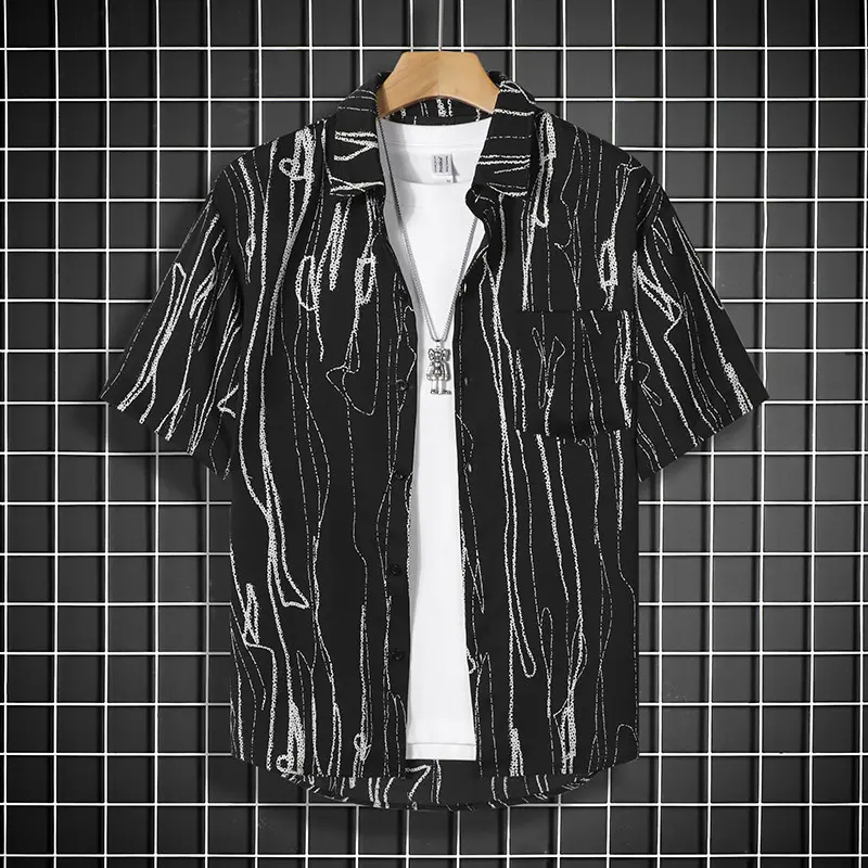 Art Line Pattern Design High Street Men Shirts Trendy Streetwear Short Sleeve Lapel Loose Hawaii Shirts Luxury Beach Vacation