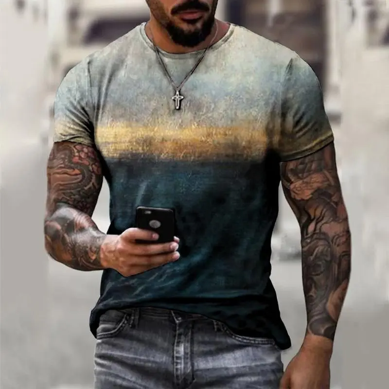 Street Style Mens T-shirt Retro 3D Print Round Neck Short Sleeves T Shirts Stripe Gradient Daily Leisure Tees Top Fashion 2024