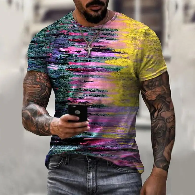 Street Style Mens T-shirt Retro 3D Print Round Neck Short Sleeves T Shirts Stripe Gradient Daily Leisure Tees Top Fashion 2024
