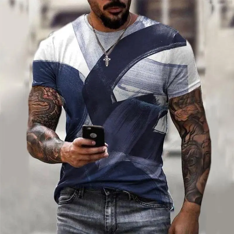 Street Style Mens T-shirt Retro 3D Print Round Neck Short Sleeves T Shirts Stripe Gradient Daily Leisure Tees Top Fashion 2024
