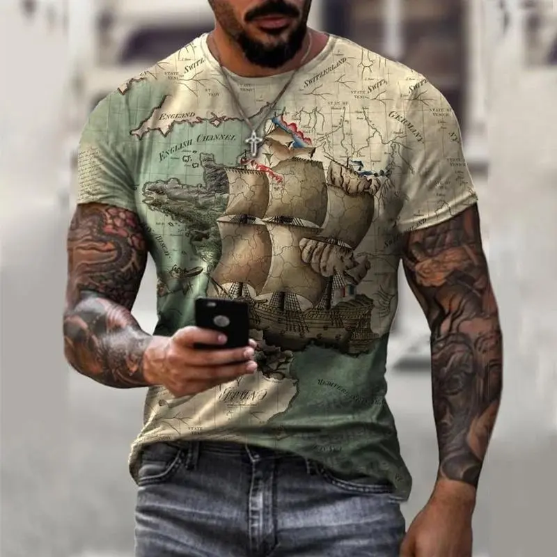 Street Style Mens T-shirt Retro 3D Print Round Neck Short Sleeves T Shirts Stripe Gradient Daily Leisure Tees Top Fashion 2024
